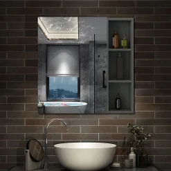 AICA Sanitaire Armoire de Toilette Mural avec Miroir Niches Intégrées et Rangement Fermé - Moderne, Anthracite, 60x70 cm,