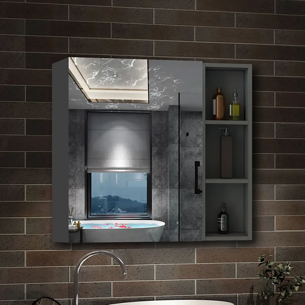 AICA Sanitaire Armoire de Toilette Mural avec Miroir Niches Intégrées et Rangement Fermé - Moderne, Anthracite, 60x70 cm,