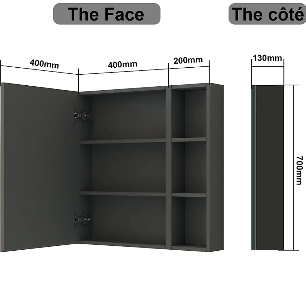 AICA Sanitaire Armoire de Toilette Mural avec Miroir Niches Intégrées et Rangement Fermé - Moderne, Anthracite, 60x70 cm,