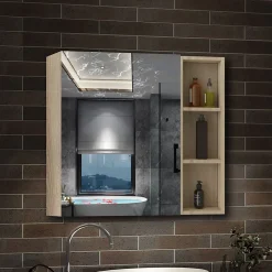 AICA Sanitaire Armoire de Toilette Mural avec Miroir Niches Intégrées et Rangement Fermé - Moderne,Chêne, 70x70 cm,