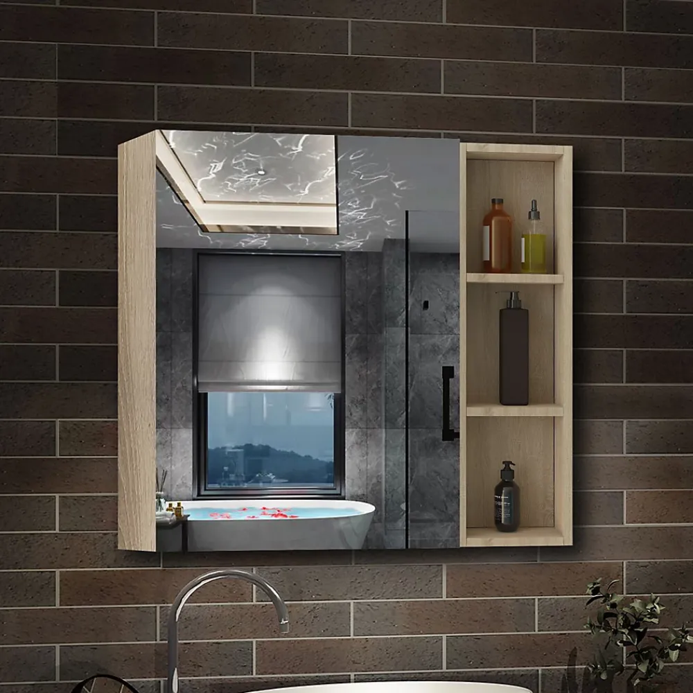 AICA Sanitaire Armoire de Toilette Mural avec Miroir Niches Intégrées et Rangement Fermé - Moderne,Chêne, 70x70 cm,