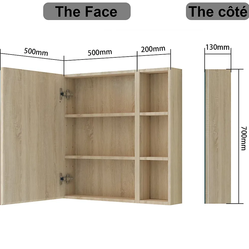 AICA Sanitaire Armoire de Toilette Mural avec Miroir Niches Intégrées et Rangement Fermé - Moderne,Chêne, 70x70 cm,