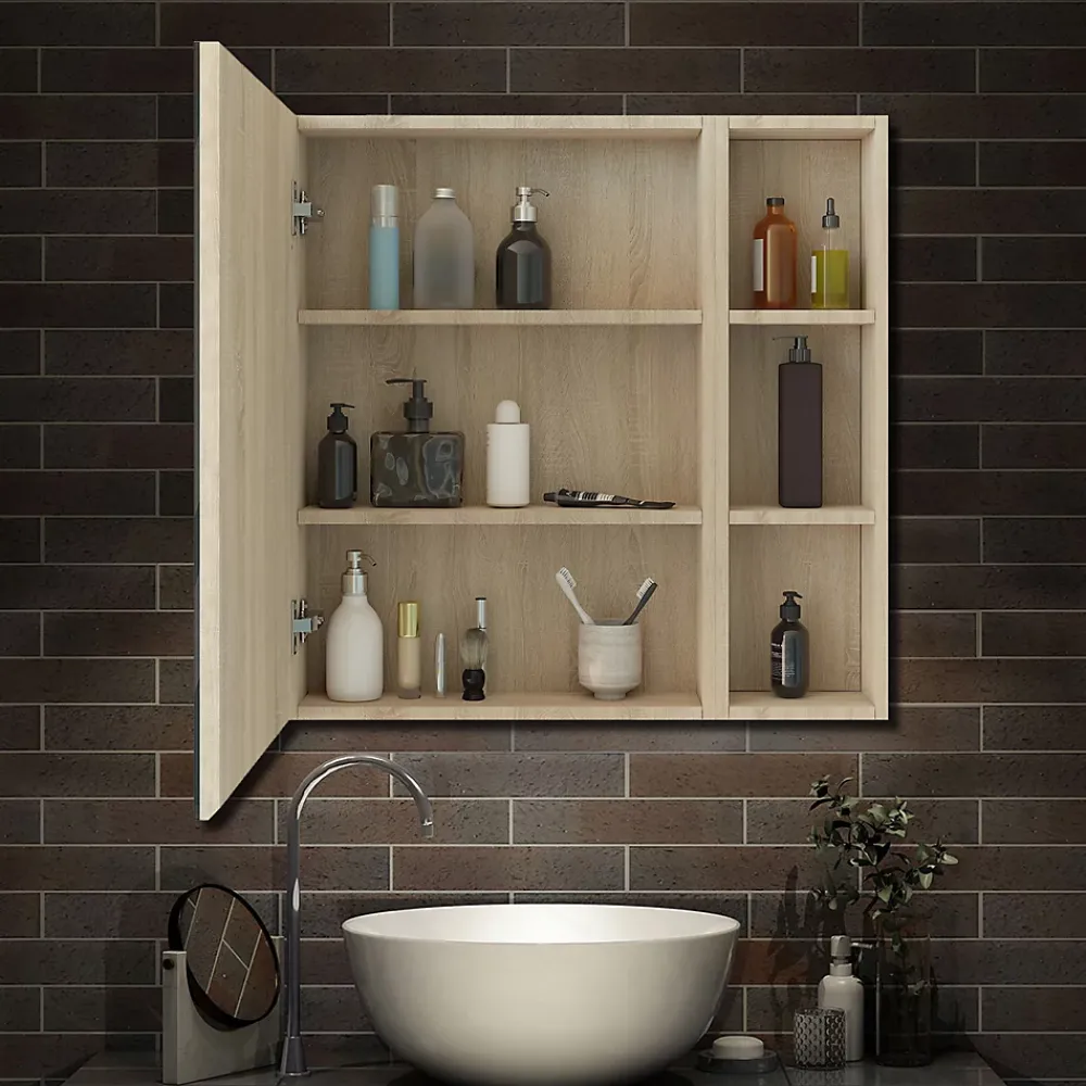 AICA Sanitaire Armoire de Toilette Mural avec Miroir Niches Intégrées et Rangement Fermé - Moderne,Chêne, 80x70 cm,