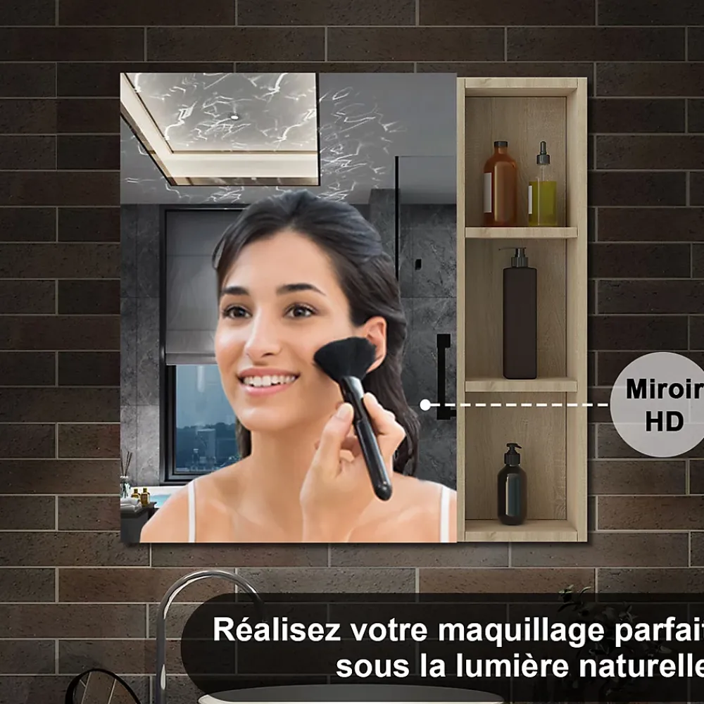 AICA Sanitaire Armoire de Toilette Mural avec Miroir Niches Intégrées et Rangement Fermé - Moderne,Chêne, 80x70 cm,