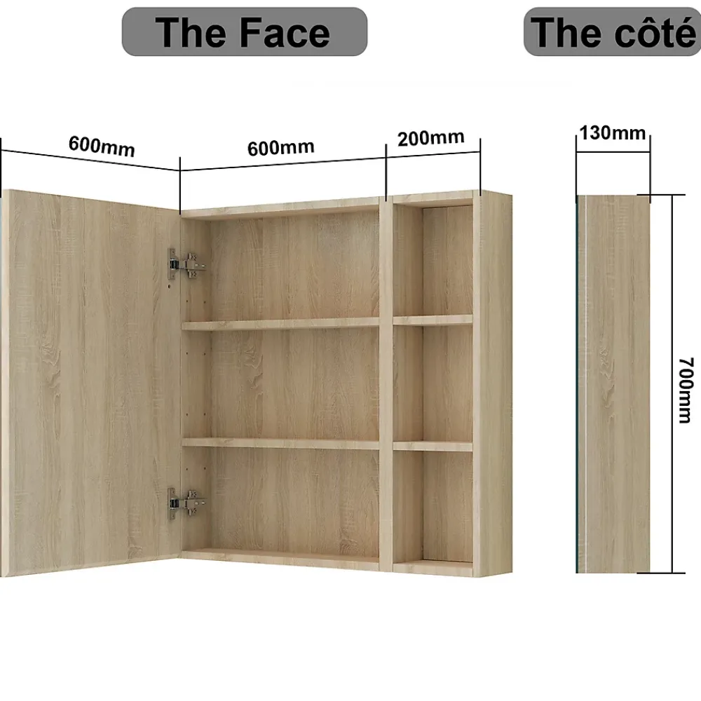 AICA Sanitaire Armoire de Toilette Mural avec Miroir Niches Intégrées et Rangement Fermé - Moderne,Chêne, 80x70 cm,
