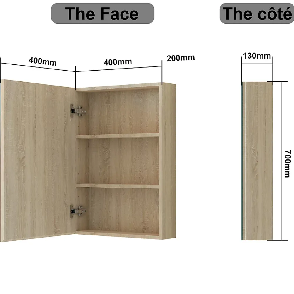 AICA Sanitaire Armoire de Toilette Mural avec Miroir et Rangement - Moderne, Chêne, 60x70 cm,