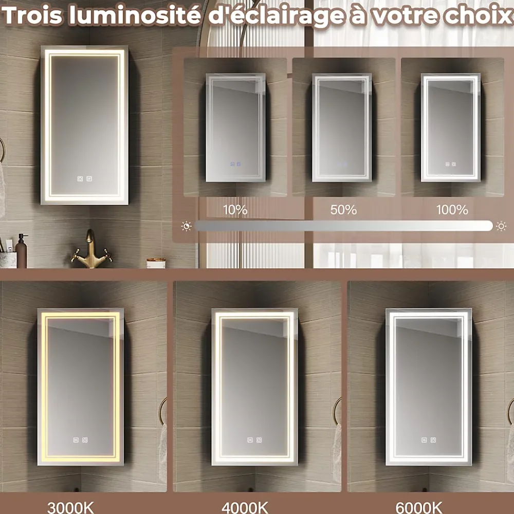 Sirhona Armoire de toilette 60x75cm + Interrupteur tactile + LED température 3 couleurs + Anti-buée + Prise rasoir