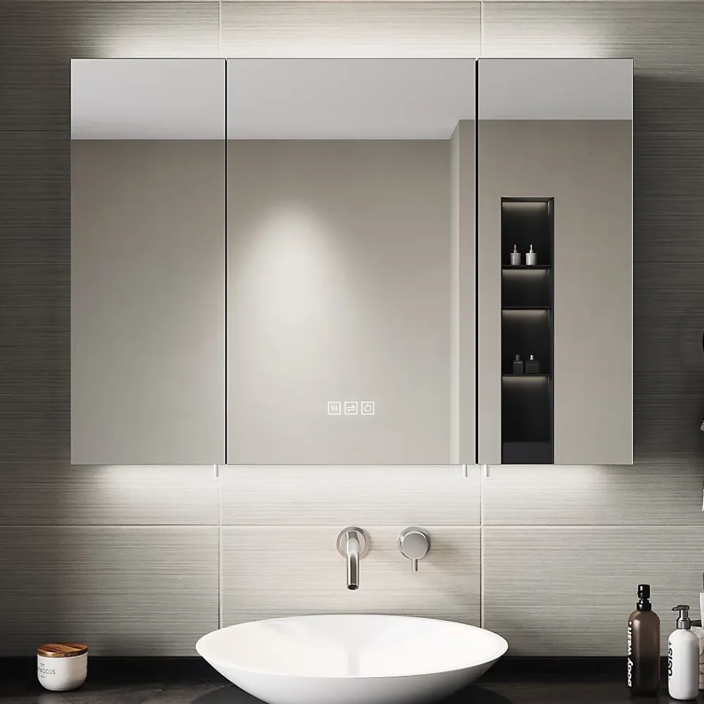 Sirhona Armoire de toilette Extra Large Miroir 90x65 cm + Grand Rangement + Température LED tricolore + Anti-buée + Prise rasoir