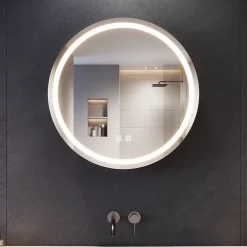 Armoire De Toilette|Sirhona Armoire de toilette Rond 60x60cm+Touch+LED Tri-couleur Température+ Anti-buée+ Prise rasoir