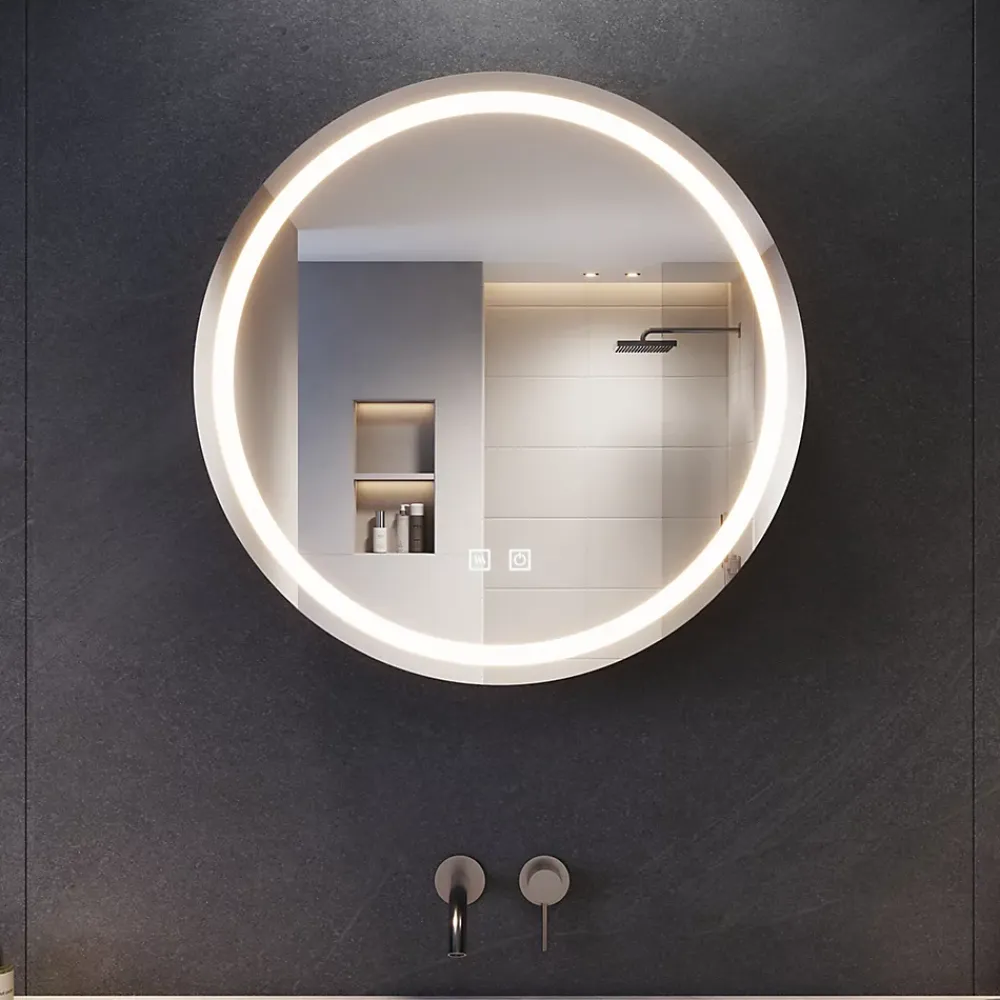 Armoire De Toilette|Sirhona Armoire de toilette Rond 60x60cm+Touch+LED Tri-couleur Température+ Anti-buée+ Prise rasoir