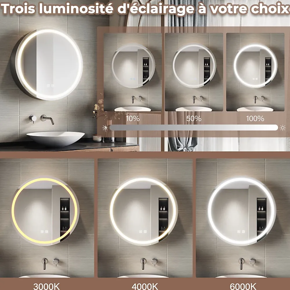 Armoire De Toilette|Sirhona Armoire de toilette Rond 60x60cm+Touch+LED Tri-couleur Température+ Anti-buée+ Prise rasoir