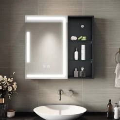 Armoire De Toilette|Sirhona Armoire de toilette Etagère de Rangement 65x60cm+Touch+LED Température Tri-Couleur+ Anti-buée+Prise rasoir