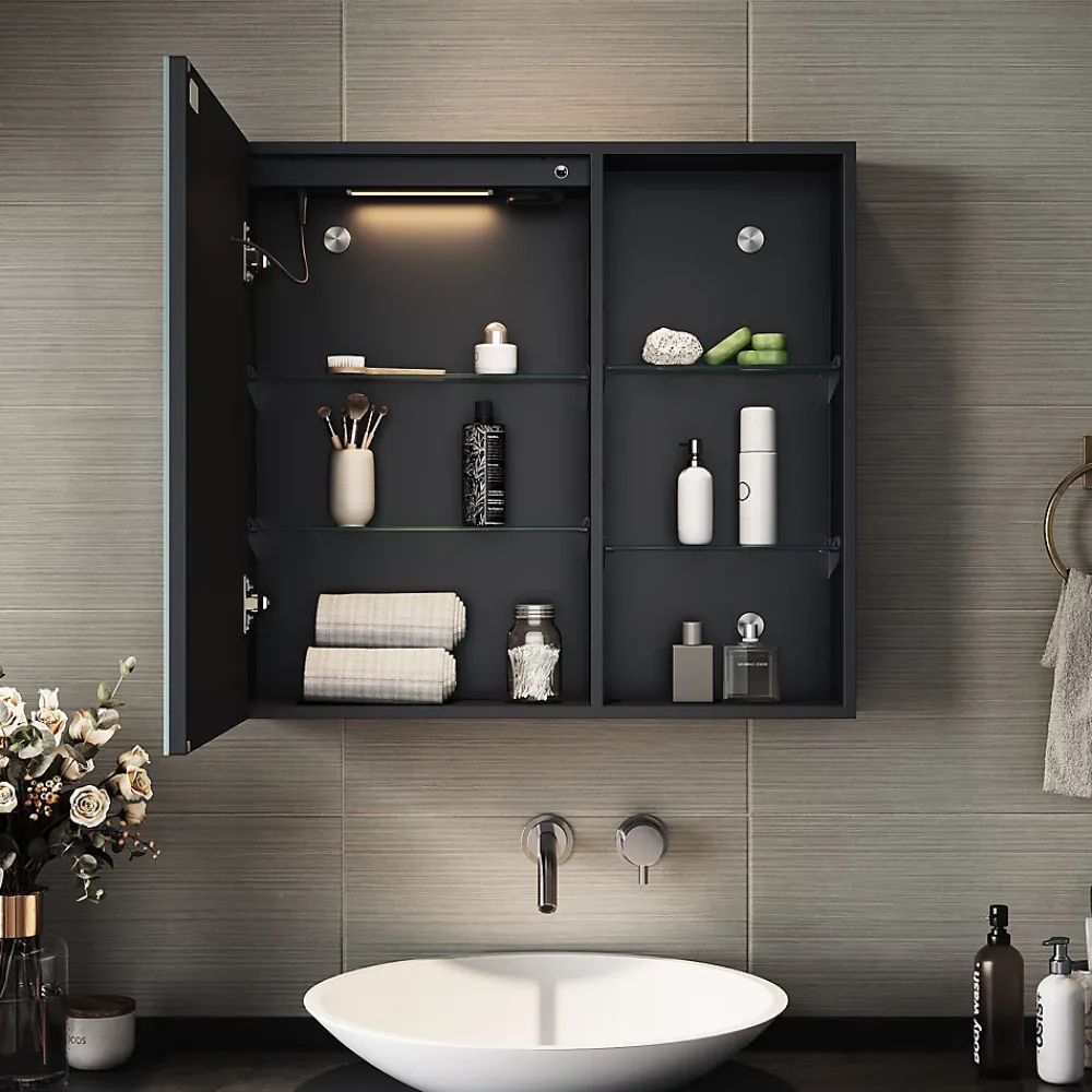 Armoire De Toilette|Sirhona Armoire de toilette Etagère de Rangement 65x60cm+Touch+LED Température Tri-Couleur+ Anti-buée+Prise rasoir