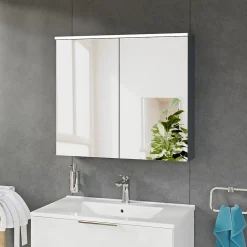 Armoire De Toilette|Bernstein Armoire de toilette suspendue Anthracite mat 80x18x70cm (LxPxH) 2 portes miroir, éclairage LED, tablettes en verre - SOLO