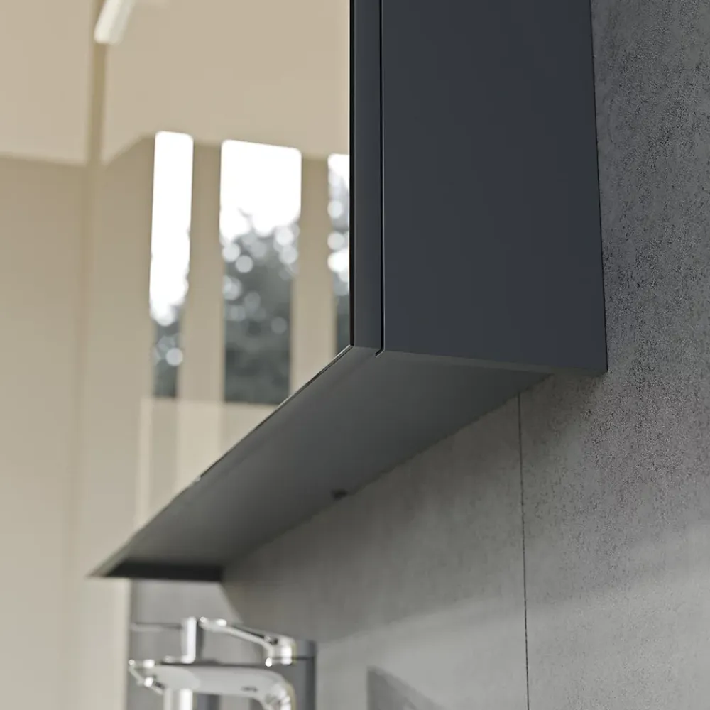 Armoire De Toilette|Bernstein Armoire de toilette suspendue Anthracite mat 80x18x70cm (LxPxH) 2 portes miroir, éclairage LED, tablettes en verre - SOLO