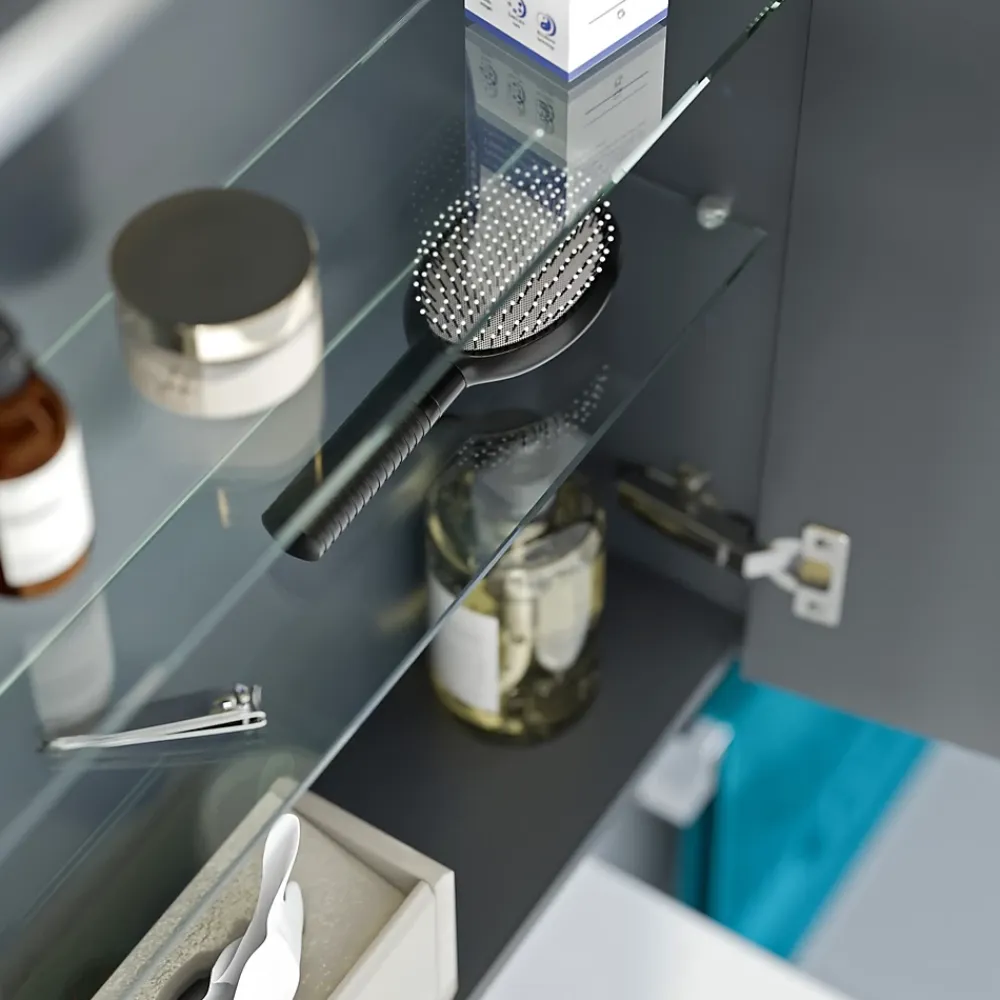 Armoire De Toilette|Bernstein Armoire de toilette suspendue Anthracite mat 80x18x70cm (LxPxH) 2 portes miroir, éclairage LED, tablettes en verre - SOLO