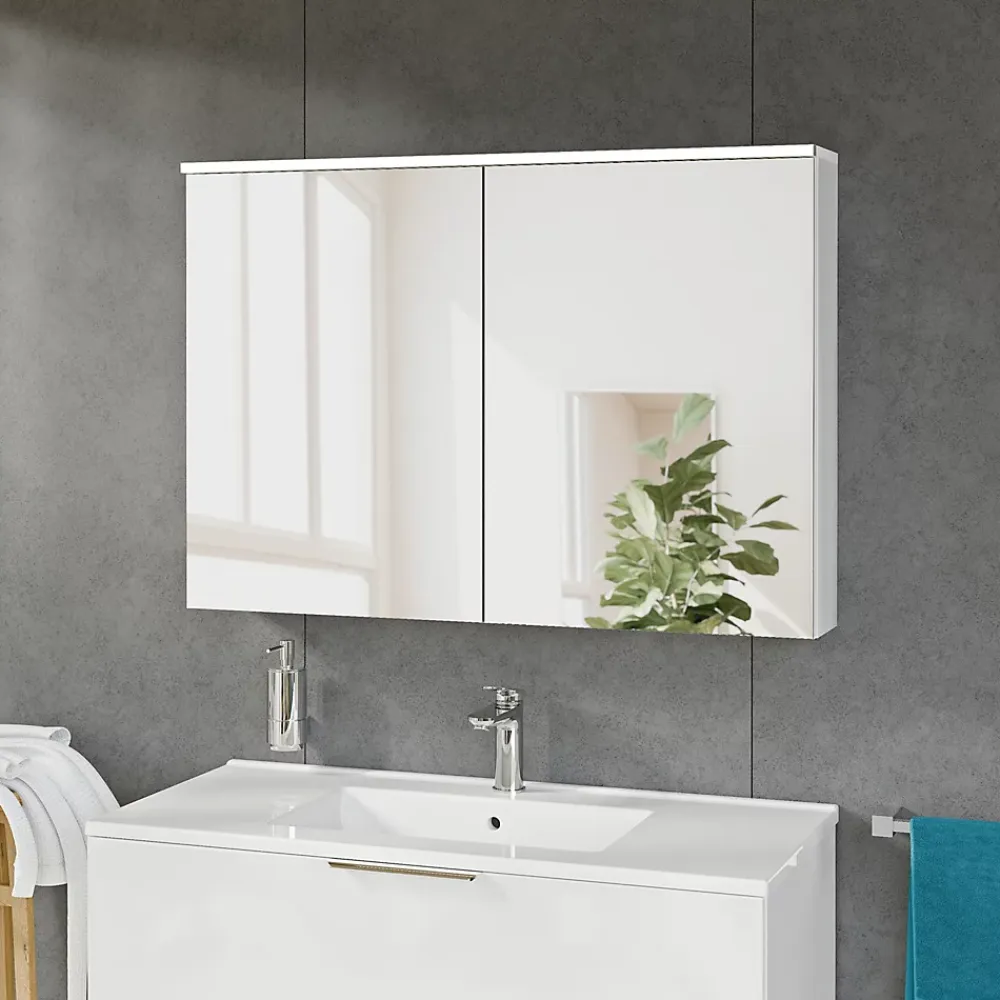 Armoire De Toilette|Bernstein Armoire de toilette suspendue Blanc mat 100x18x70cm (LxPxH) 2 portes miroir, éclairage LED, tablettes en verre - SOLO