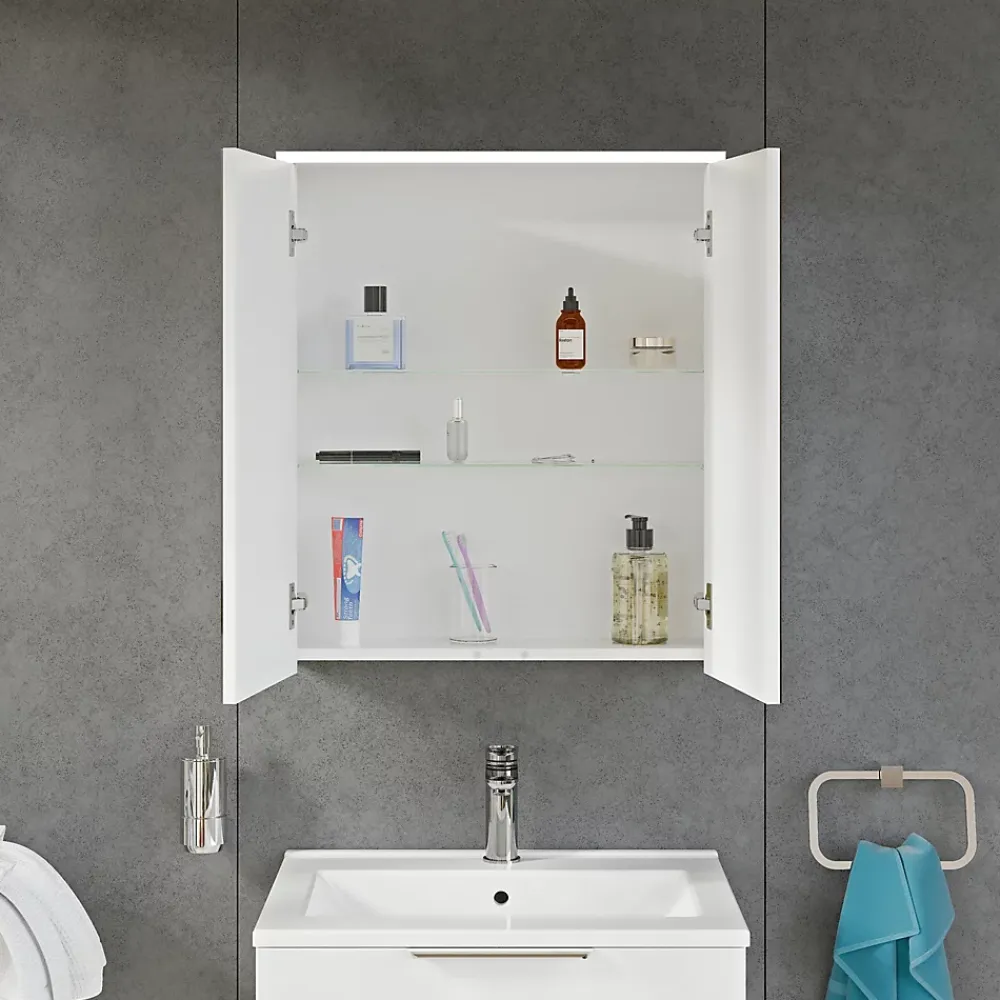 Armoire De Toilette|Bernstein Armoire de toilette suspendue Blanc mat 60x18x70cm (LxPxH) 2 portes miroir, éclairage LED, tablettes en verre - SOLO