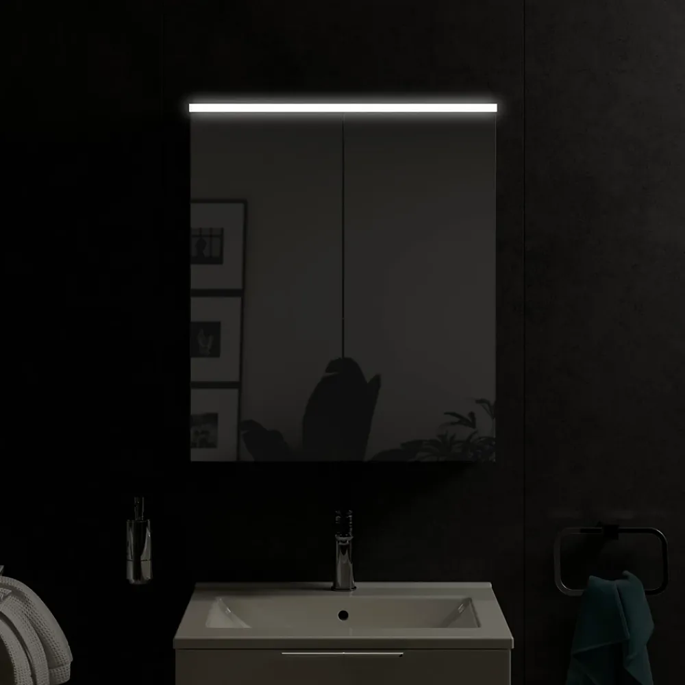 Armoire De Toilette|Bernstein Armoire de toilette suspendue Blanc mat 60x18x70cm (LxPxH) 2 portes miroir, éclairage LED, tablettes en verre - SOLO