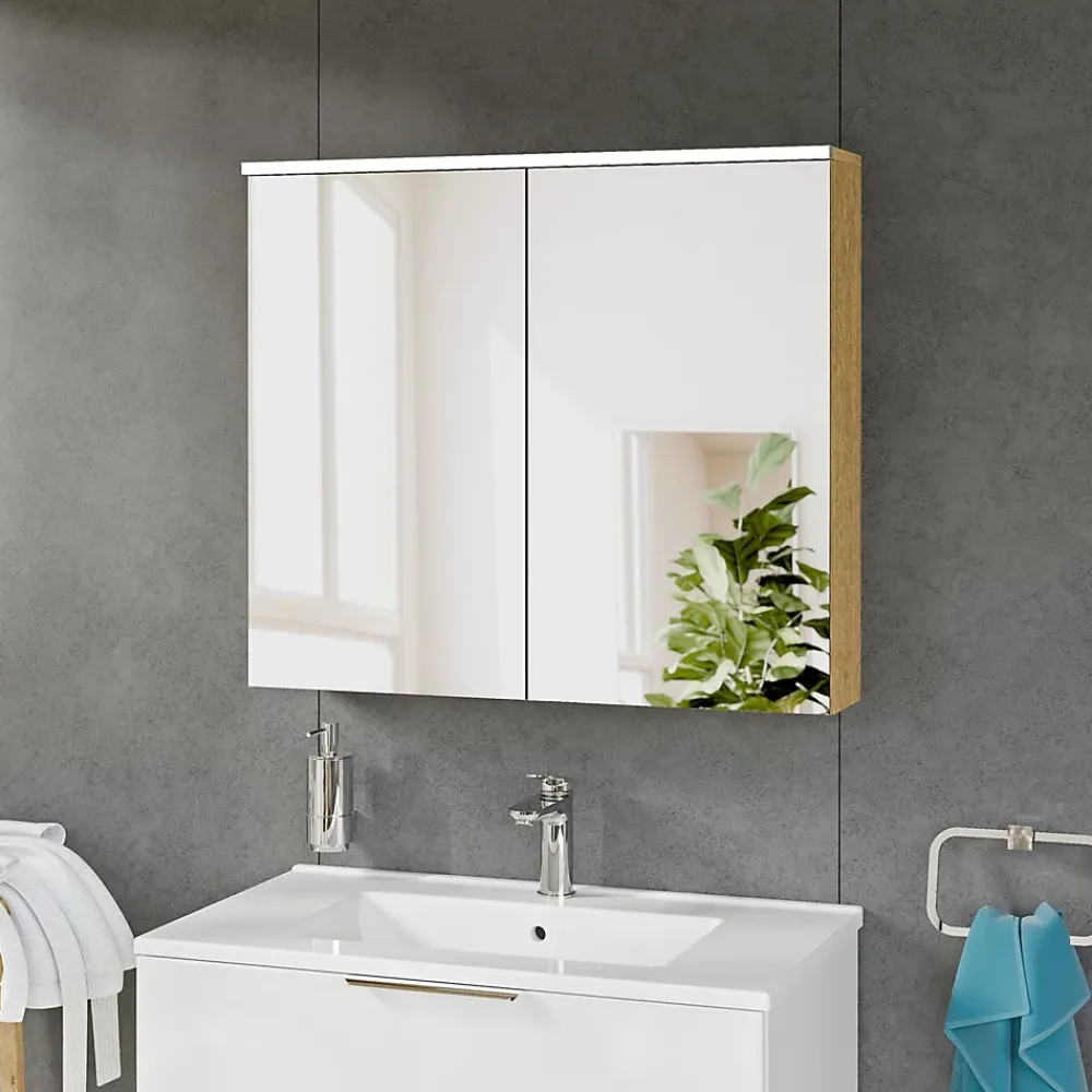 Bernstein Armoire de toilette suspendue Chêne miel 80x18x70cm (LxPxH) 2 portes miroir, éclairage LED, tablettes en verre - SOLO
