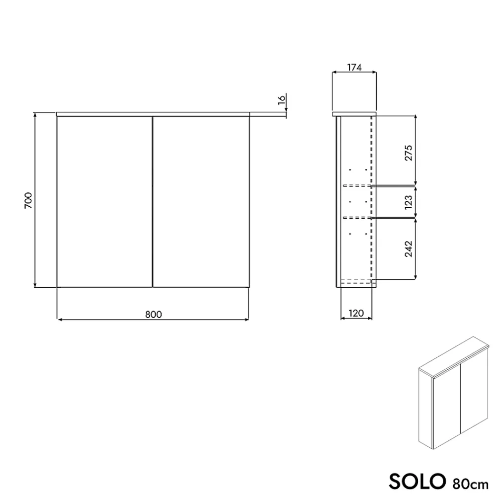 Bernstein Armoire de toilette suspendue Chêne miel 80x18x70cm (LxPxH) 2 portes miroir, éclairage LED, tablettes en verre - SOLO