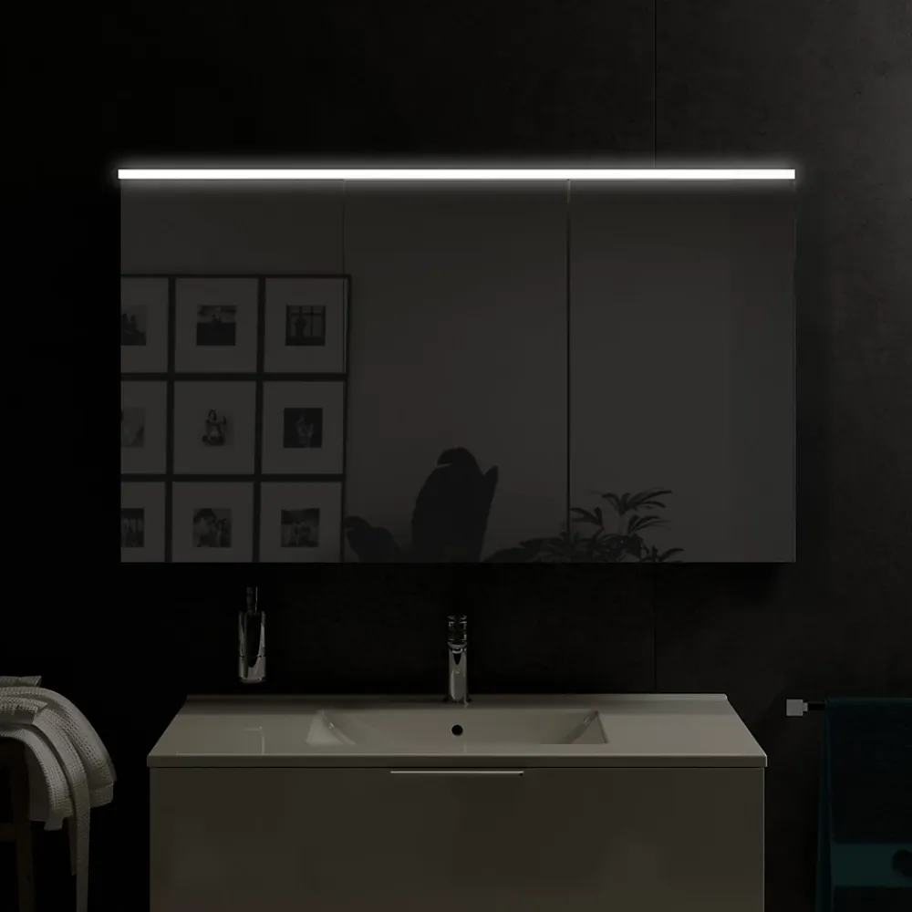 Armoire De Toilette|Bernstein Armoire de toilette suspendue Blanc mat 120x18x70cm (LxPxH) 2 portes miroir, éclairage LED, tablettes en verre - SOLO