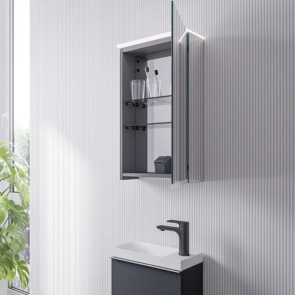 Bernstein Armoire de toilette suspendue miroir 40x19x71cm (LxPxH), charnière à droite, éclairage LED, tablettes en verre - VARO