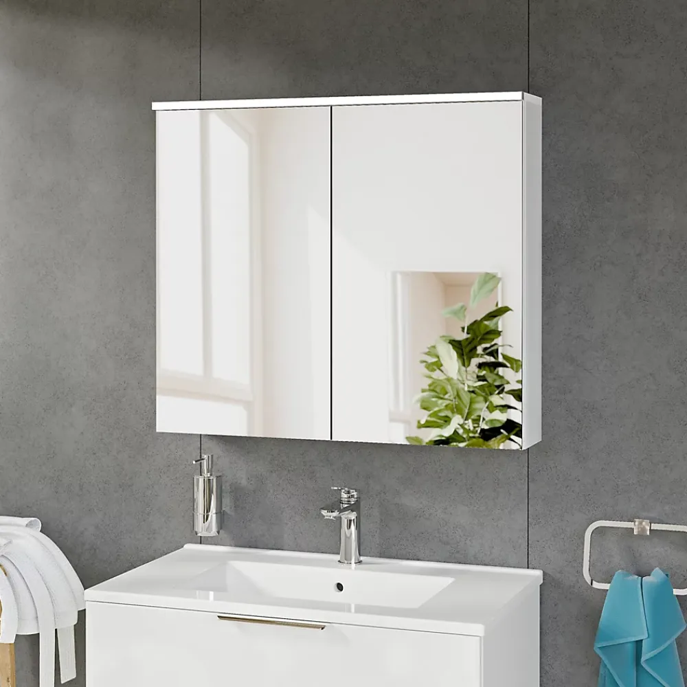 Armoire De Toilette|Bernstein Armoire de toilette suspendue Blanc mat 80x18x70cm (LxPxH) 2 portes miroir, éclairage LED, tablettes en verre - SOLO