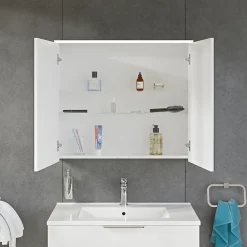 Armoire De Toilette|Bernstein Armoire de toilette suspendue Blanc mat 80x18x70cm (LxPxH) 2 portes miroir, éclairage LED, tablettes en verre - SOLO