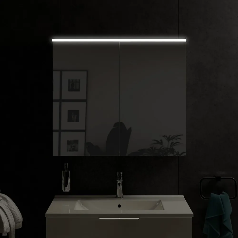 Armoire De Toilette|Bernstein Armoire de toilette suspendue Blanc mat 80x18x70cm (LxPxH) 2 portes miroir, éclairage LED, tablettes en verre - SOLO