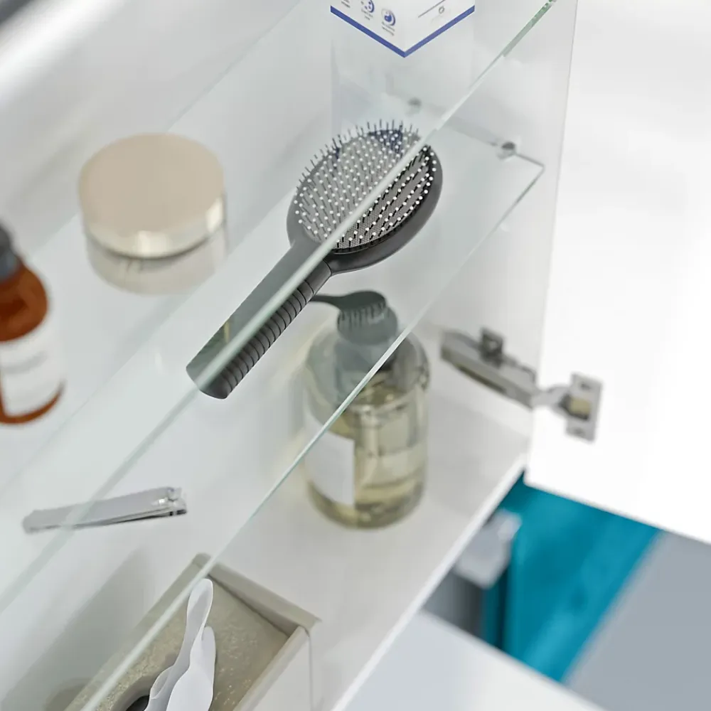 Armoire De Toilette|Bernstein Armoire de toilette suspendue Blanc mat 80x18x70cm (LxPxH) 2 portes miroir, éclairage LED, tablettes en verre - SOLO