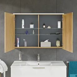Bernstein Armoire de toilette suspendue Anthracite mat 100x18x70cm (LxPxH) 2 portes miroir, éclairage LED, tablettes en verre - SOLO