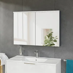 Armoire De Toilette|Bernstein Armoire de toilette suspendue Chêne miel 100x18x70cm (LxPxH) 2 portes miroir, éclairage LED, tablettes en verre - SOLO