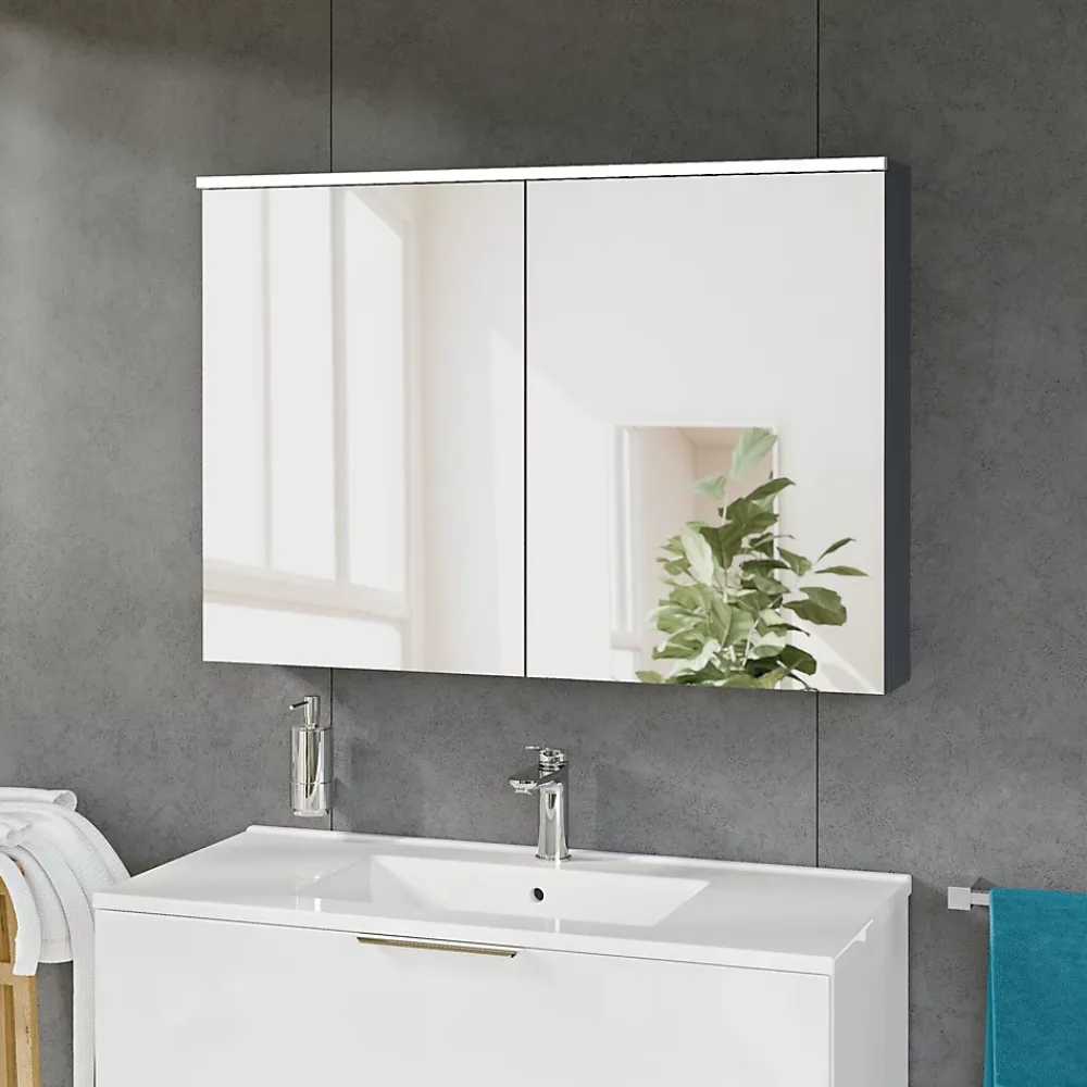 Armoire De Toilette|Bernstein Armoire de toilette suspendue Chêne miel 100x18x70cm (LxPxH) 2 portes miroir, éclairage LED, tablettes en verre - SOLO