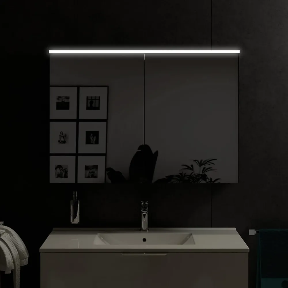 Armoire De Toilette|Bernstein Armoire de toilette suspendue Chêne miel 100x18x70cm (LxPxH) 2 portes miroir, éclairage LED, tablettes en verre - SOLO