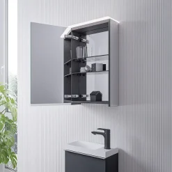 Bernstein Armoire de toilette suspendue miroir 40x19x71cm (LxPxH), charnière à gauche, éclairage LED, tablettes en verre - VARO