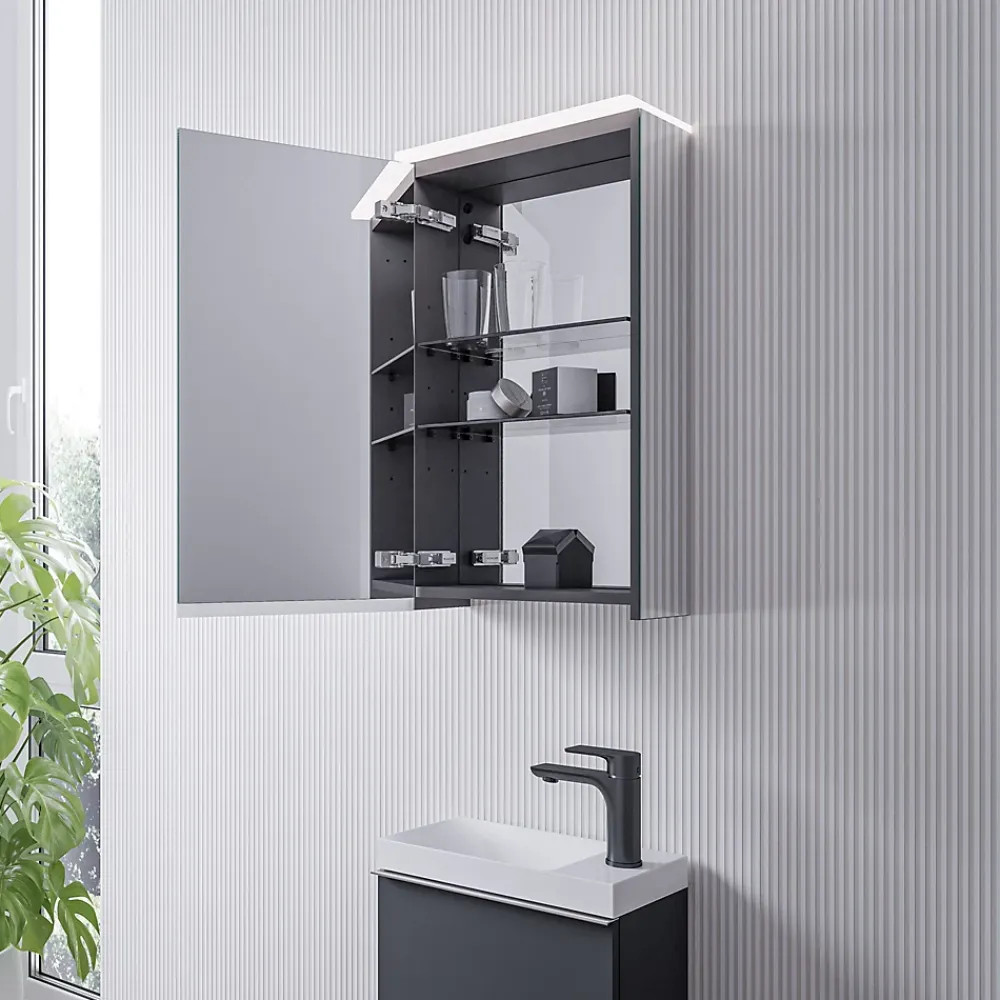 Bernstein Armoire de toilette suspendue miroir 40x19x71cm (LxPxH), charnière à gauche, éclairage LED, tablettes en verre - VARO