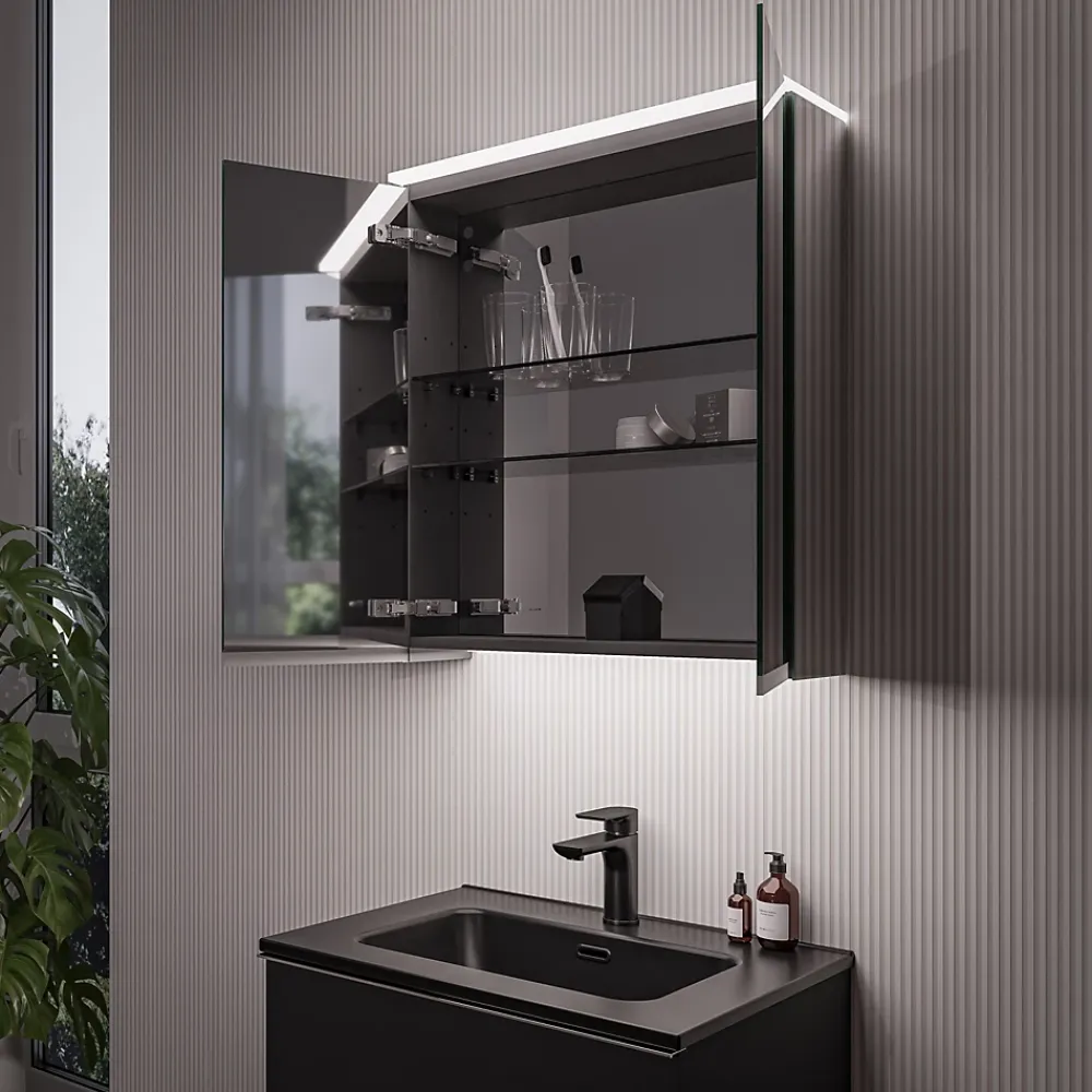 Bernstein Armoire de toilette suspendue miroir 40x19x71cm (LxPxH), charnière à gauche, éclairage LED, tablettes en verre - VARO