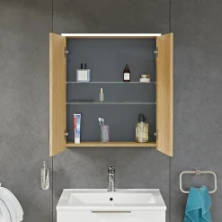 Armoire De Toilette|Bernstein Armoire de toilette suspendue Chêne miel 60x18x70cm (LxPxH) 2 portes miroir, éclairage LED, tablettes en verre - SOLO