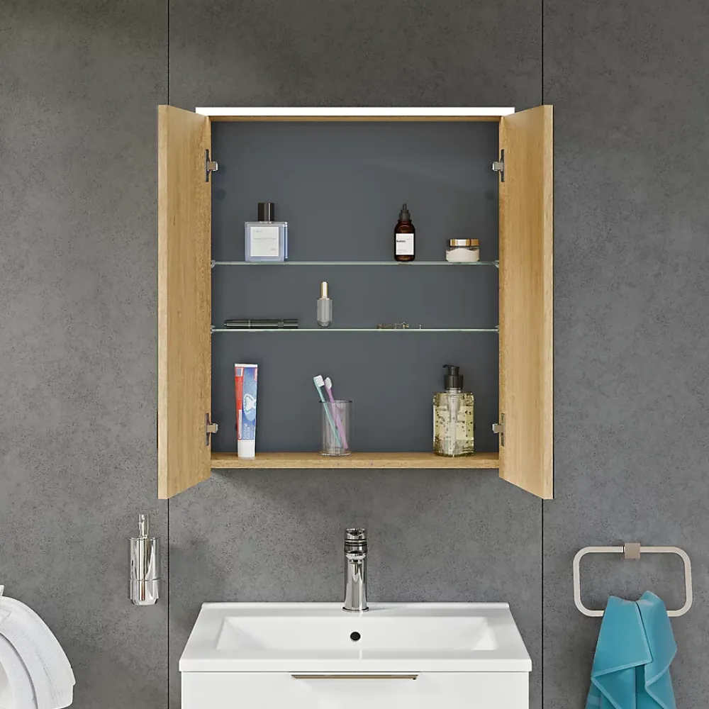 Armoire De Toilette|Bernstein Armoire de toilette suspendue Chêne miel 60x18x70cm (LxPxH) 2 portes miroir, éclairage LED, tablettes en verre - SOLO