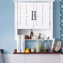 Armoire De Salle De Bains|Homcom Armoire haute murale de salle de bain ou WC 2 portes 2 étagères niche dim. 60 x 20 x 58 cm blanc
