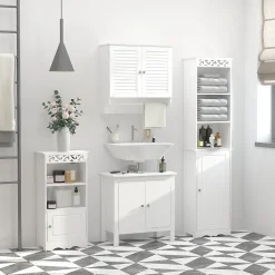 Armoire De Salle De Bains|kleankin Armoire haute murale salle de bain ou WC - placard 2 portes persiennes avec étagère - porte-serviette - MDF blanc
