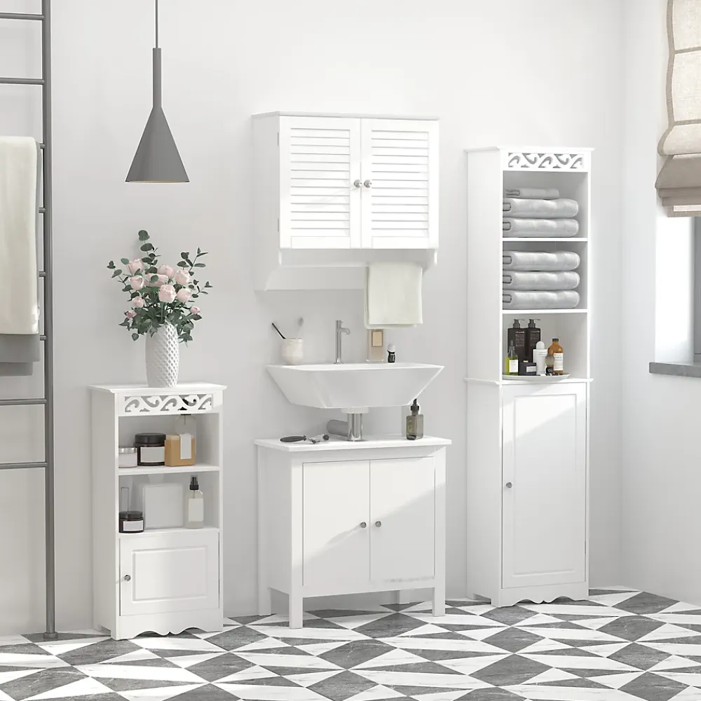 Armoire De Salle De Bains|kleankin Armoire haute murale salle de bain ou WC - placard 2 portes persiennes avec étagère - porte-serviette - MDF blanc
