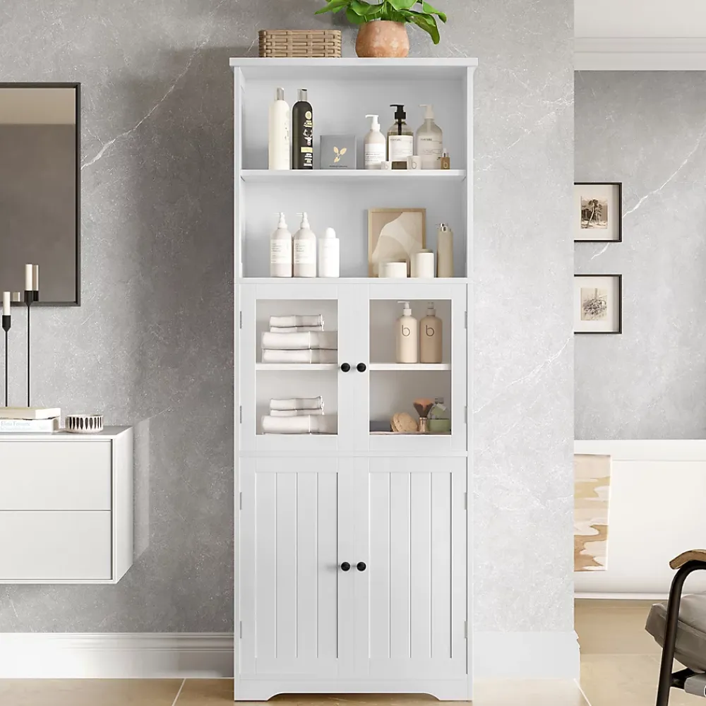 ProximaX Armoire haute salle de bain, laquée avec porte vitrée et porte bois, 2 étagères ouvertes avec séparateurs réglables, blanc