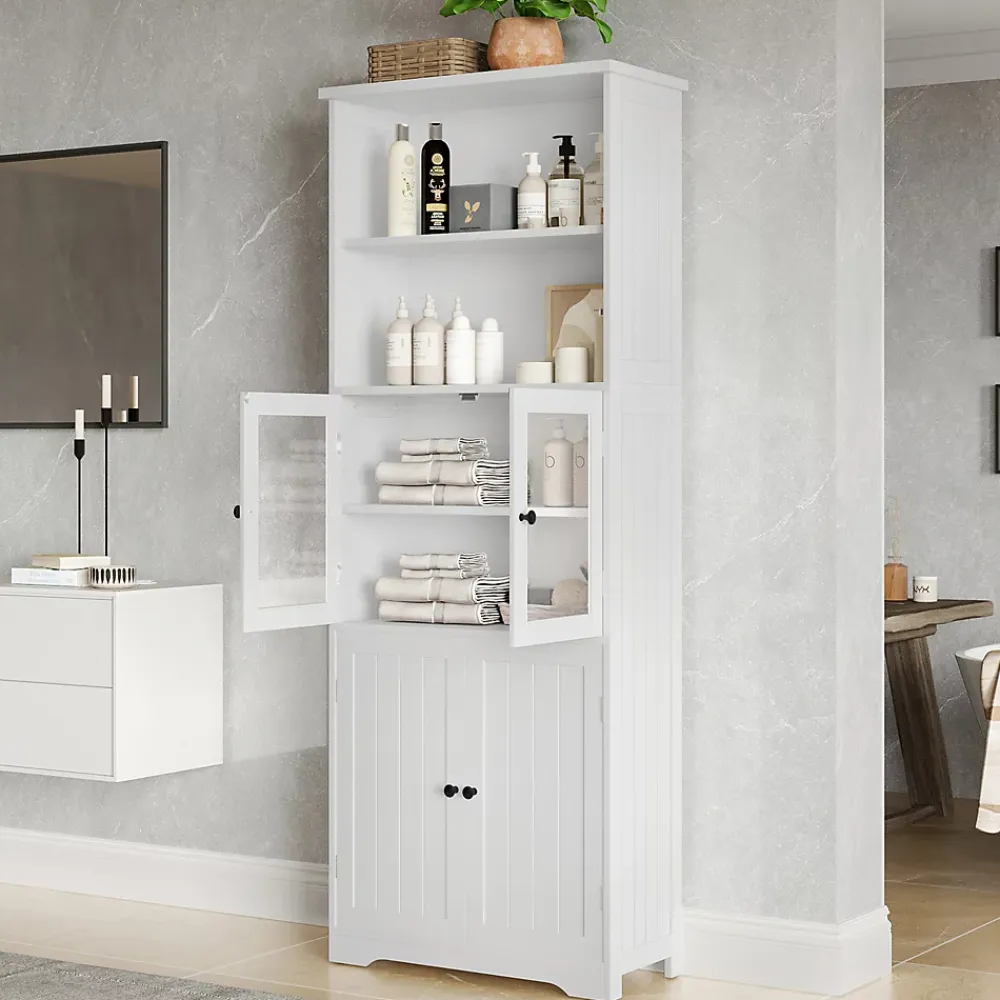 ProximaX Armoire haute salle de bain, laquée avec porte vitrée et porte bois, 2 étagères ouvertes avec séparateurs réglables, blanc