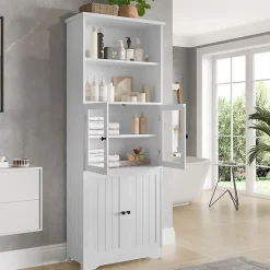 ProximaX Armoire haute salle de bain, laquée avec porte vitrée et porte bois, 2 étagères ouvertes avec séparateurs réglables, blanc