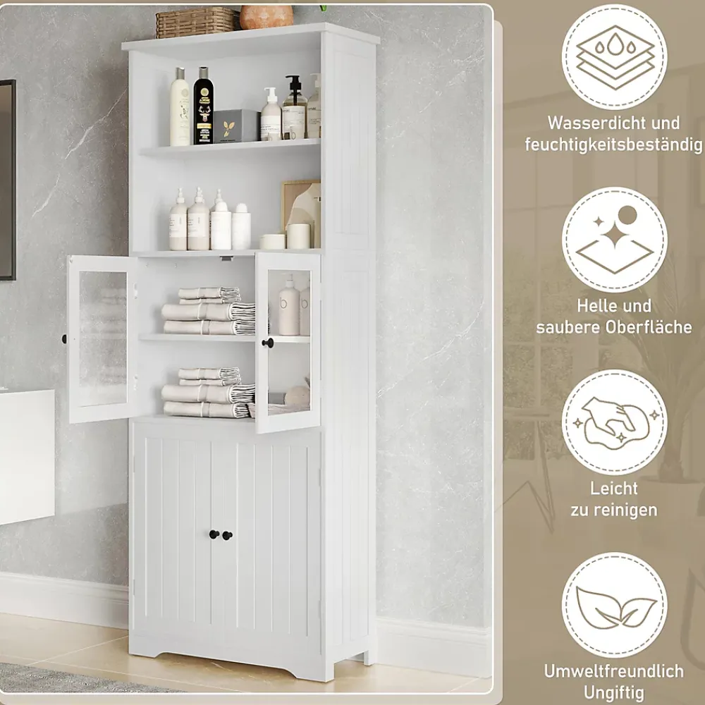 ProximaX Armoire haute salle de bain, laquée avec porte vitrée et porte bois, 2 étagères ouvertes avec séparateurs réglables, blanc