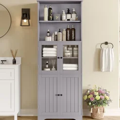 ProximaX Armoire haute salle de bain, porte vitrée et porte bois, 2 étagères ouvertes avec séparateurs réglables, gris