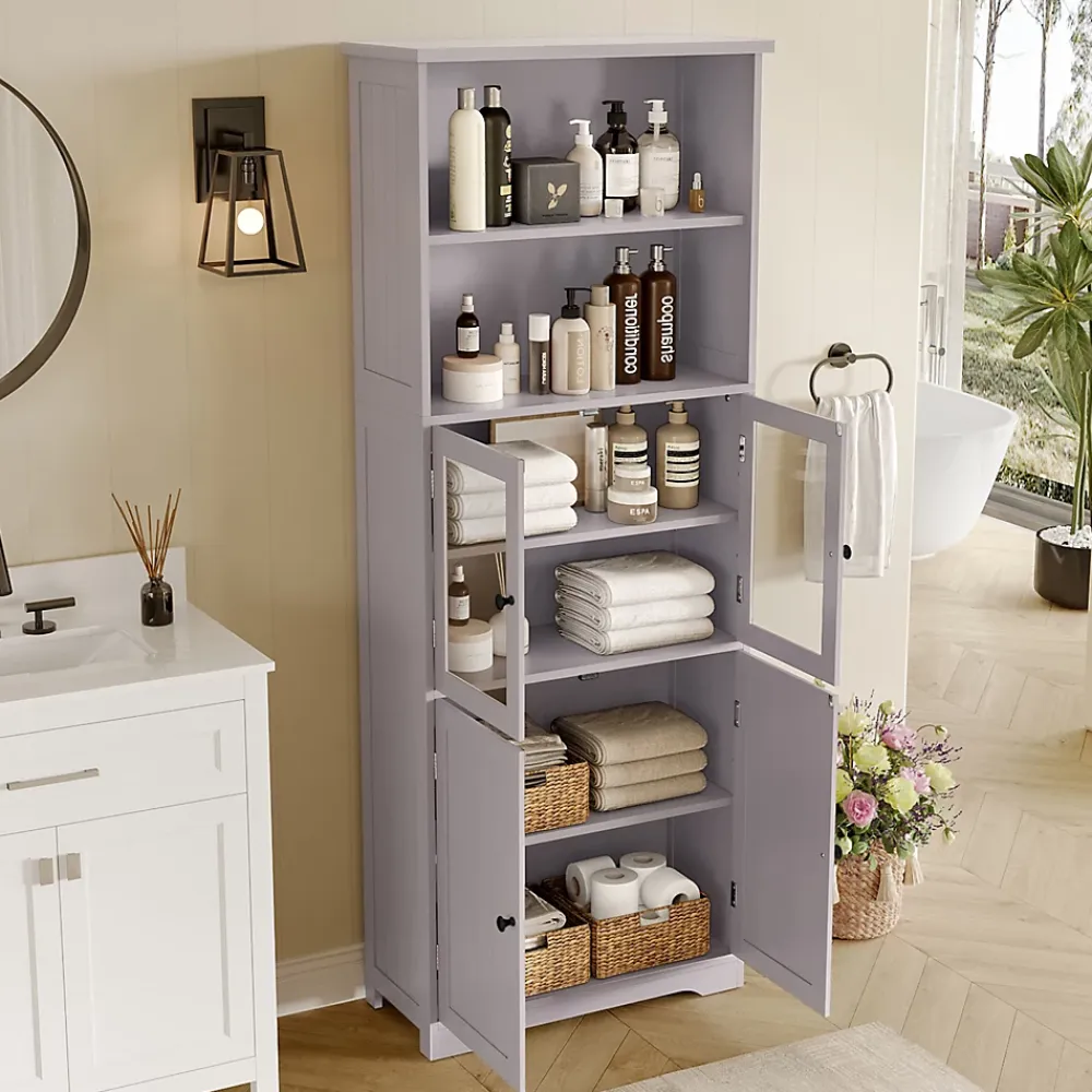 ProximaX Armoire haute salle de bain, porte vitrée et porte bois, 2 étagères ouvertes avec séparateurs réglables, gris