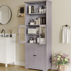 ProximaX Armoire haute salle de bain, porte vitrée et porte bois, 2 étagères ouvertes avec séparateurs réglables, gris